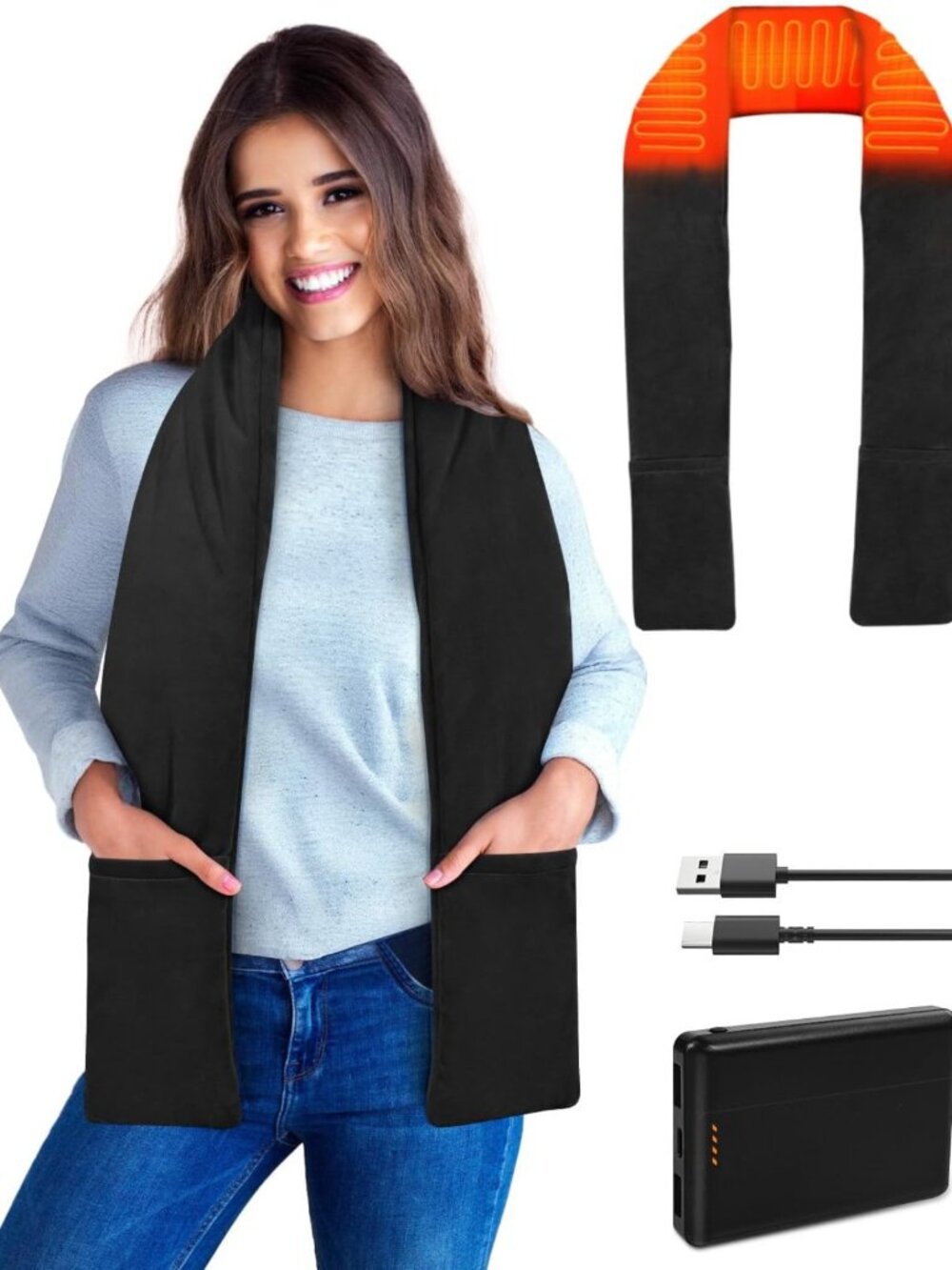 Portable Heated Neck Scarf with Power Bank - Cordless Pain Relief Wrap for Home